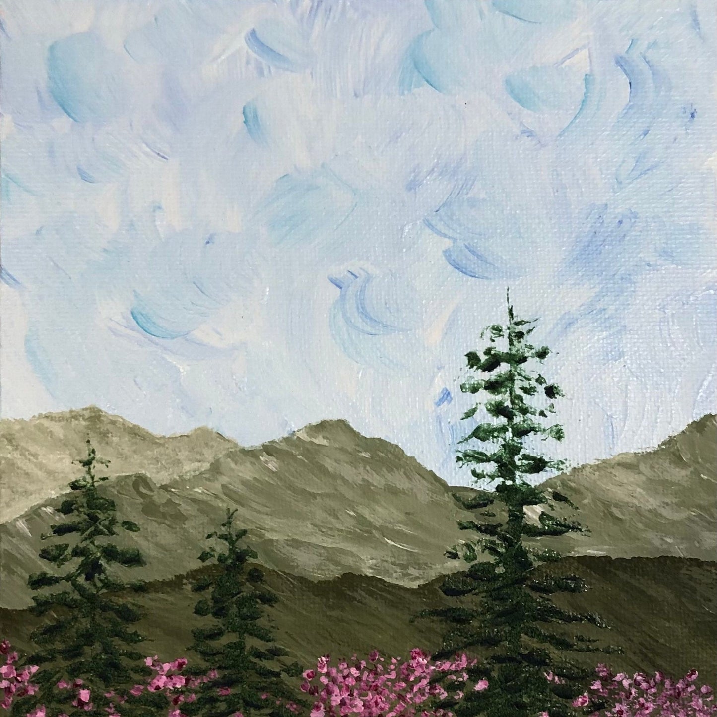 Tranquility 6 x 6 Acrylic Painting, Landscape, Trees, Mountains, Wildflowers, Signed