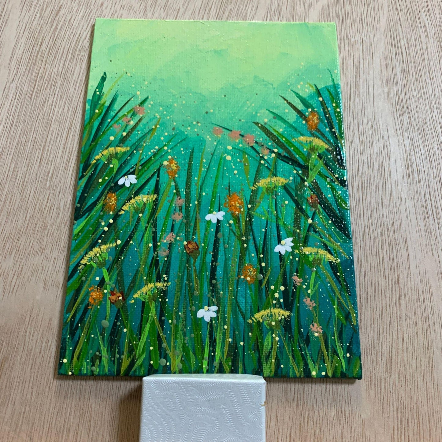 Sunny Field of Wildflowers Original Acrylic Painting With Beautiful Colors, Artist Signed, 5 x 7, Unframed