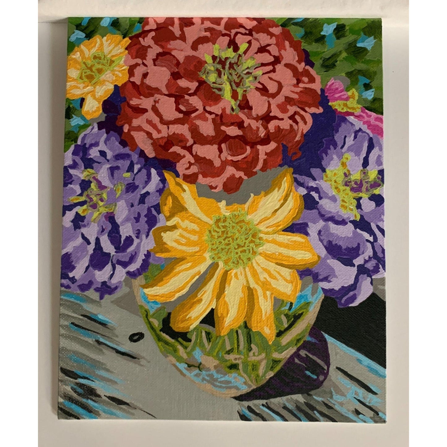 Zinnias in a Vase, Floral Art, Original Painting, 8 x 10