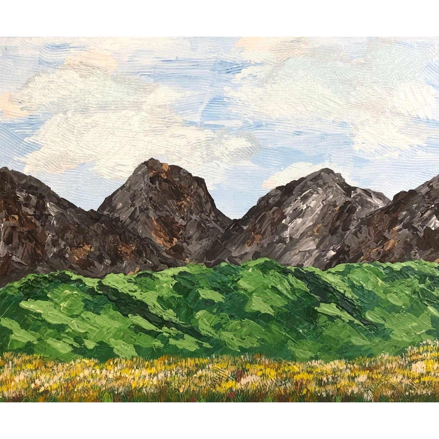 Mountains in Spring Original Acrylic Painting, Mountains Green Hills Wildflowers Landscape, Signed, 11 x 14, Artisan Hand Painted Work
