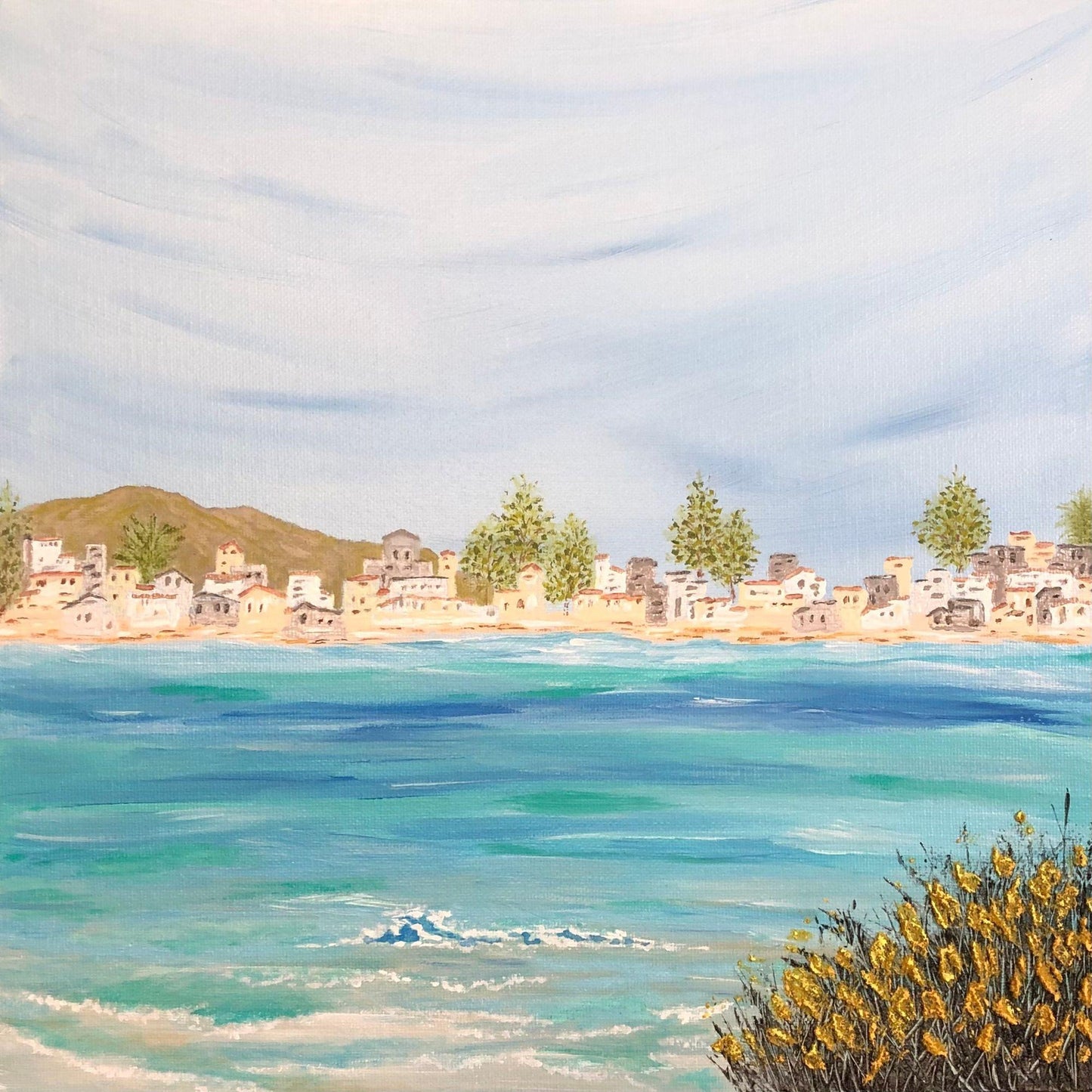 Greek Island Getaway 12 x 12 Acrylic Painting, Island, Ocean, and Wildflowers, Signed Art