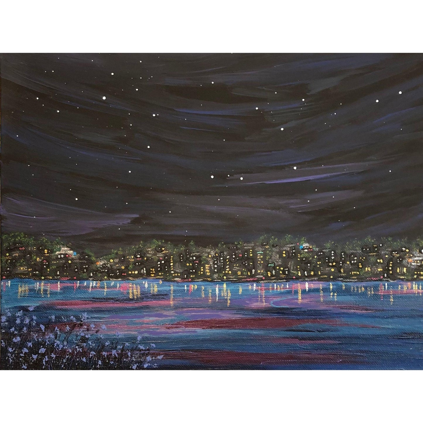 Bright Lights Big City 9 x 12 Acrylic Painting, City Landscape, River, Wildflowers, Signed