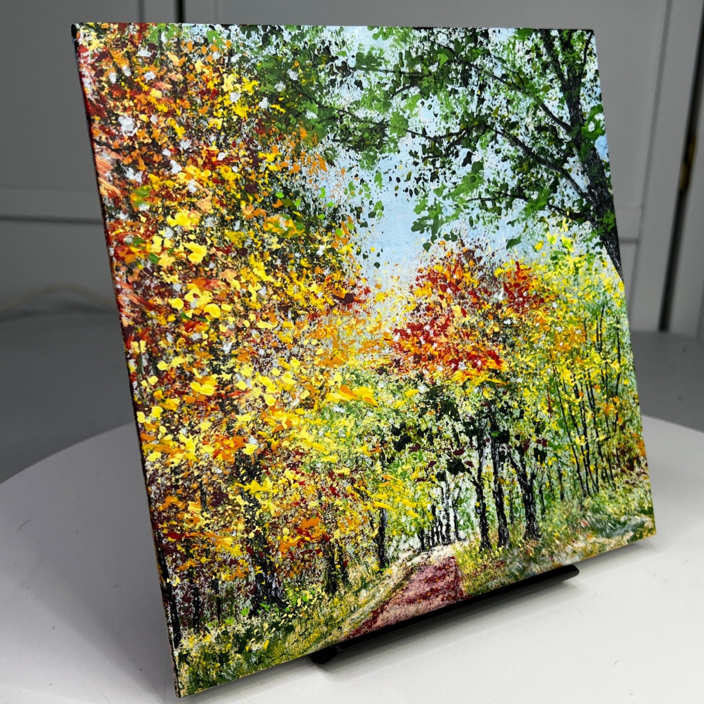 Country Lane Original Acrylic Painting Autumn Hues Landscape Artwork 8" x 8"
