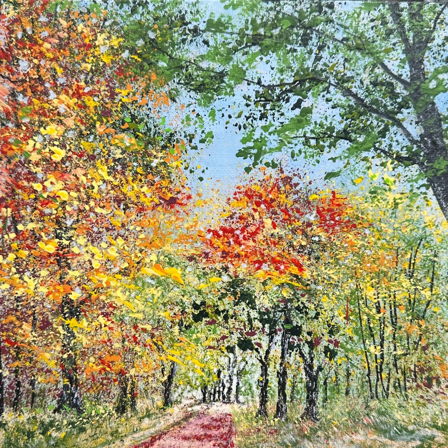 Country Lane Original Acrylic Painting Autumn Hues Landscape Artwork 8" x 8"