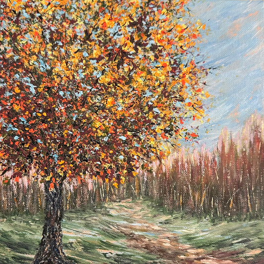 Fall Nature Theme Acrylic Painting Titled "Autumn Leaves" - 8" x 8" Original Artwork