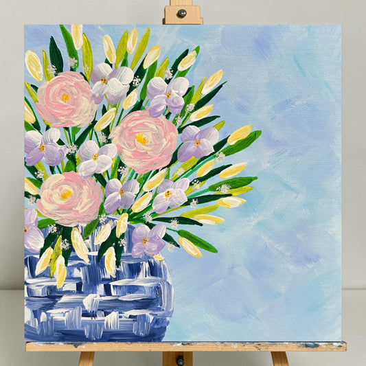 Bouquet In Blue & White Vase Acrylic Painting Floral Wall Art 8"x8" Unframed