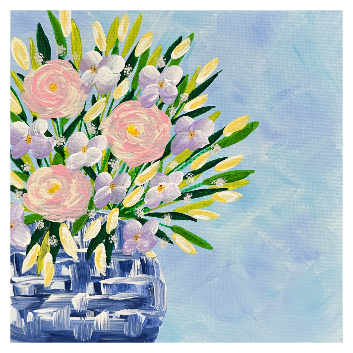 Bouquet In Blue & White Vase Acrylic Painting Floral Wall Art 8"x8" Unframed