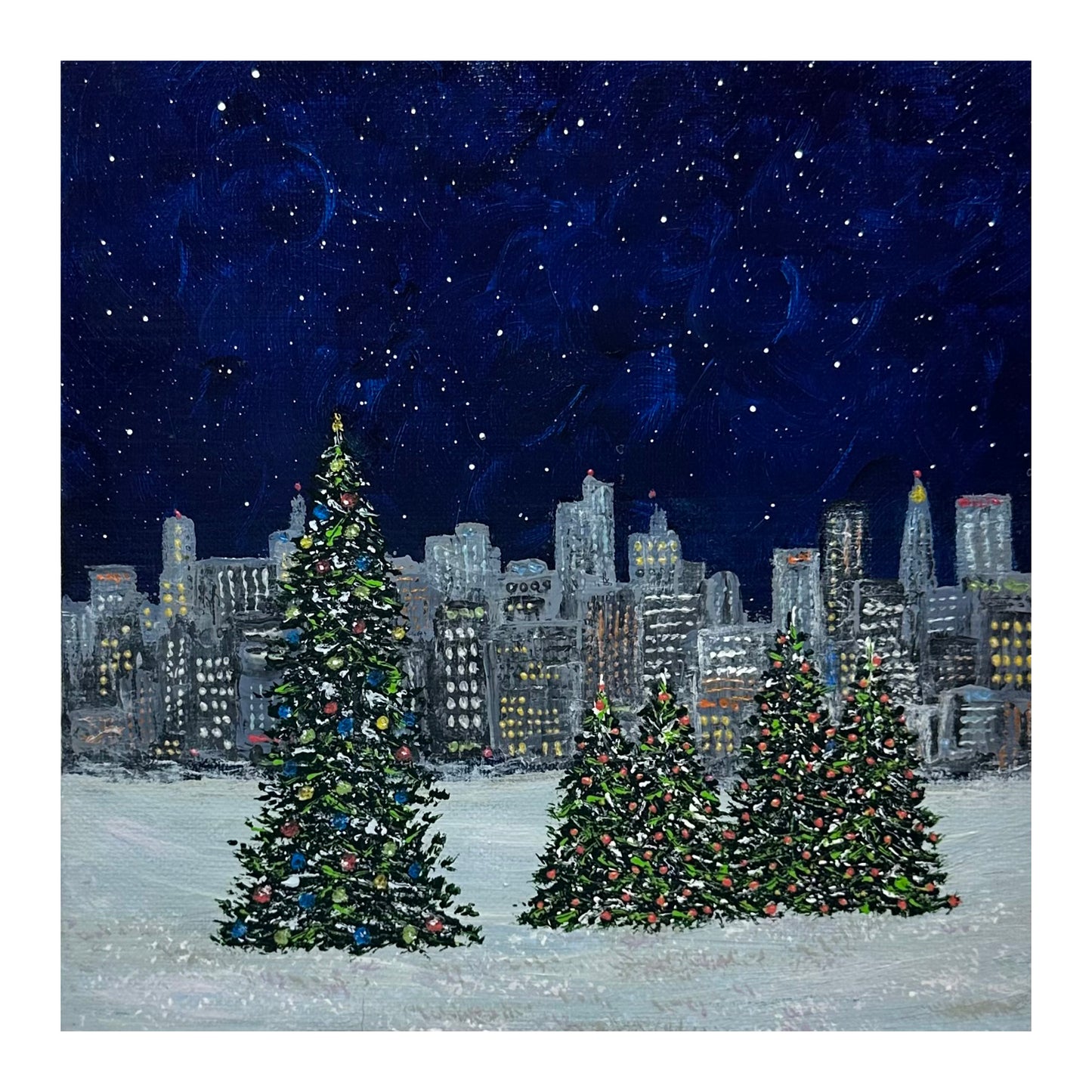Christmas in the City - Unique Holiday Theme Original Acrylic Painting - Size 8" x 8"