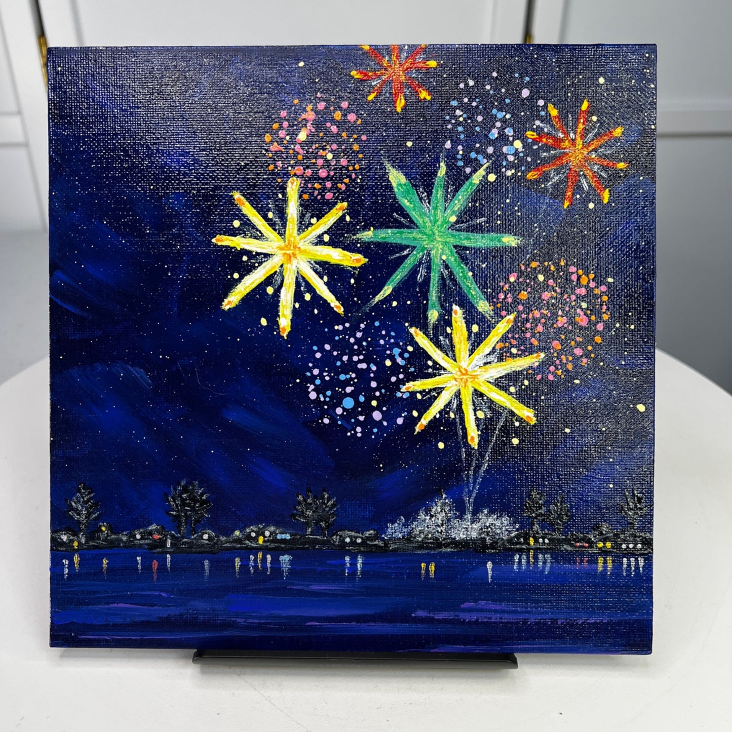 Celebrate 2 Fireworks Acrylic Painting 8"x8" Celebration Theme Wall Art Unframed