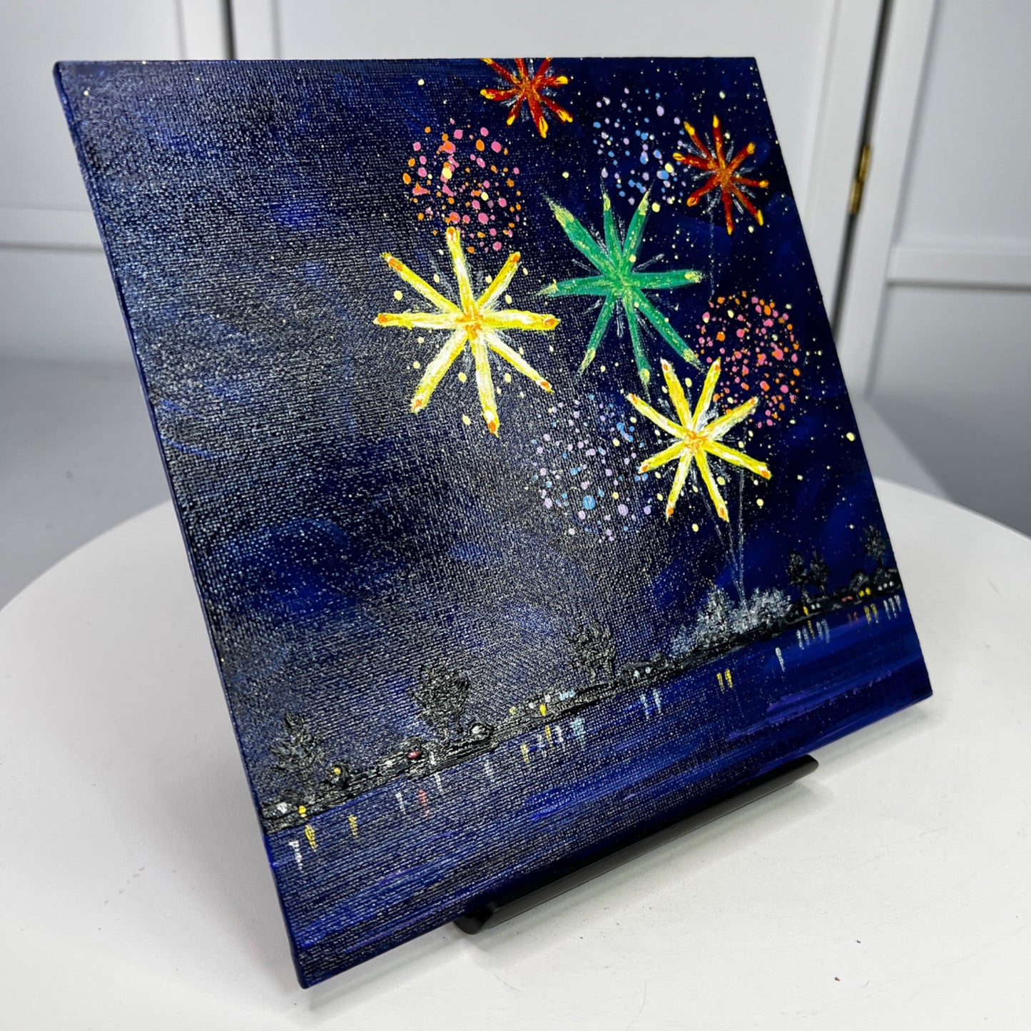 Celebrate 2 Fireworks Acrylic Painting 8"x8" Celebration Theme Wall Art Unframed