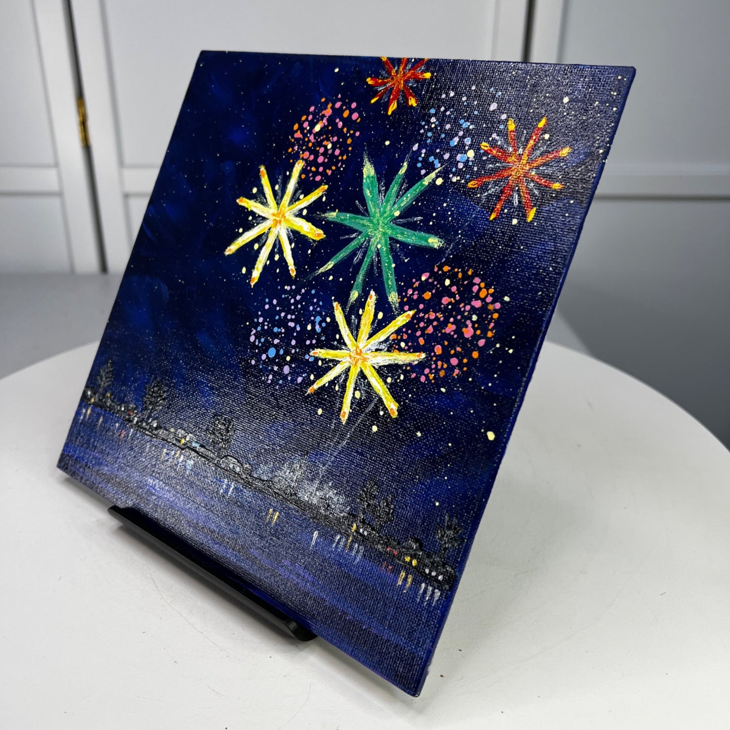Celebrate 2 Fireworks Acrylic Painting 8"x8" Celebration Theme Wall Art Unframed