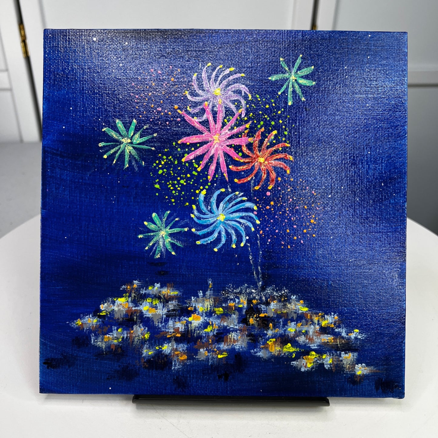 Celebration 8" X 8" Unframed Acrylic Painting Wall Art Original Fireworks Scene