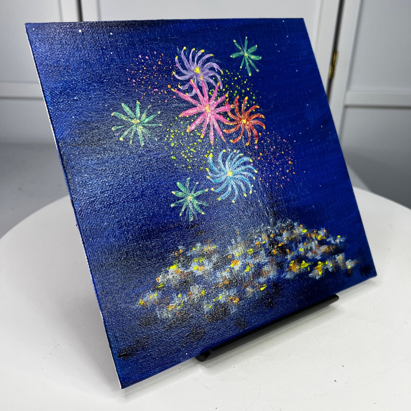 Celebration 8" X 8" Unframed Acrylic Painting Wall Art Original Fireworks Scene