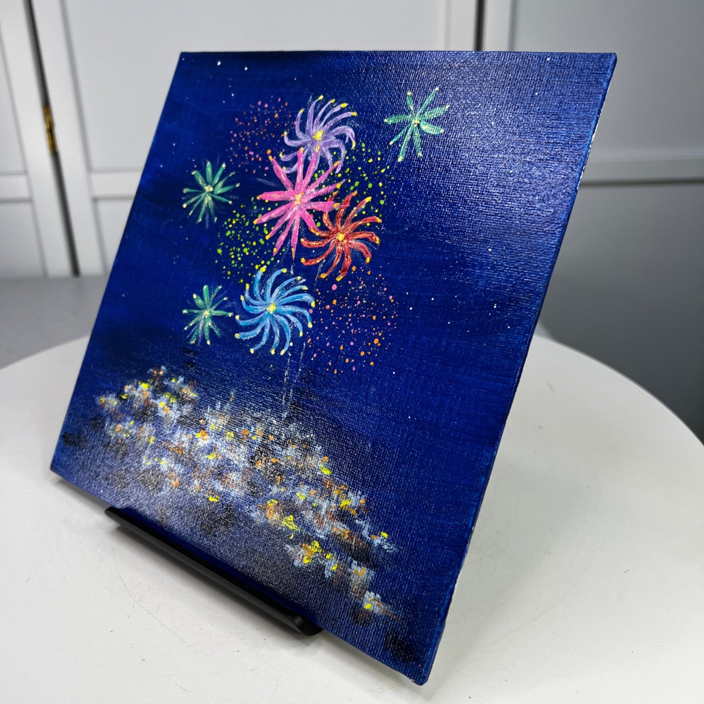 Celebration 8" X 8" Unframed Acrylic Painting Wall Art Original Fireworks Scene