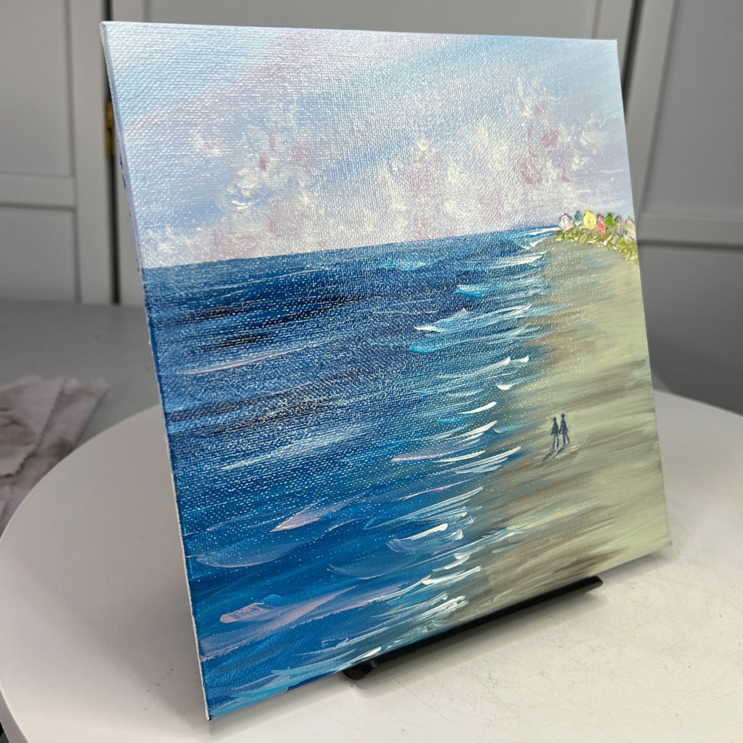 Beach All To Ourselves Seascape Acrylic Painting Ocean Wall Art 8"x8" Unframed