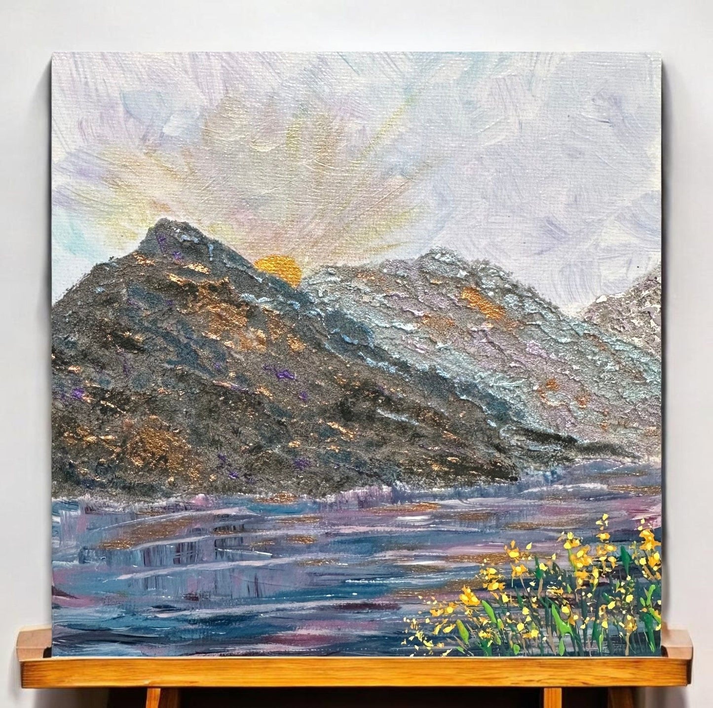 Mountain Majesty 6" X 6" Acrylic Painting With Sunrise Lake & Wildflowers