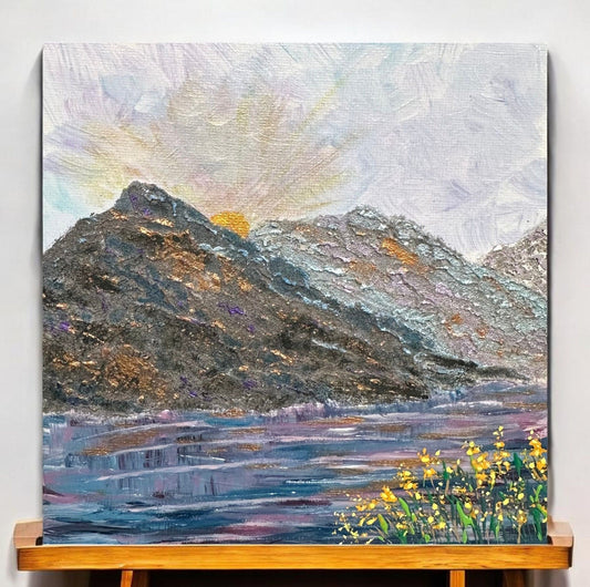 Mountain Majesty 6" X 6" Acrylic Painting With Sunrise Lake & Wildflowers
