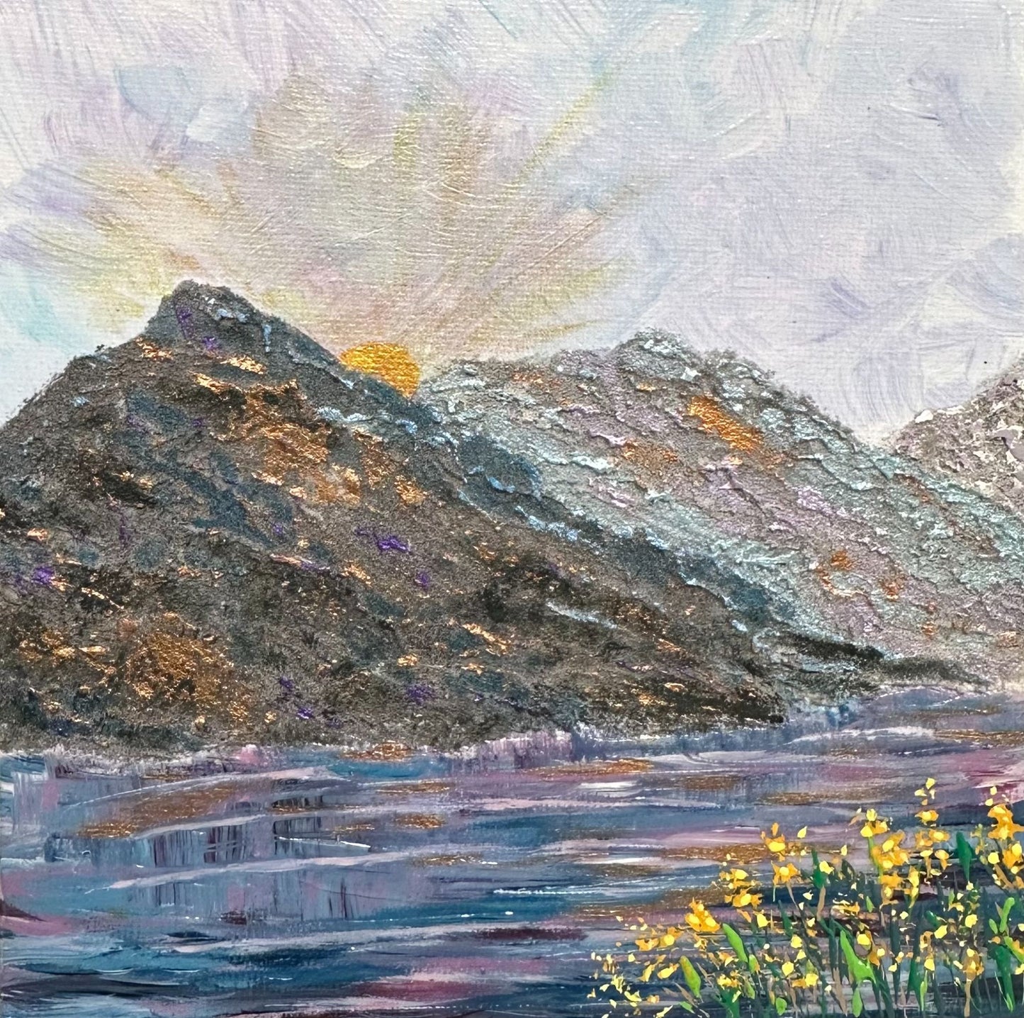 Mountain Majesty 6" X 6" Acrylic Painting With Sunrise Lake & Wildflowers