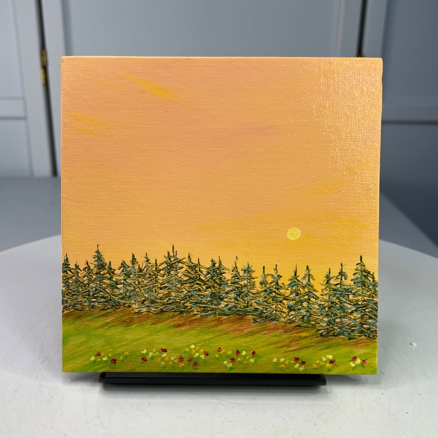 A Day Ends 6" x 6" Acrylic Painting Forest Sunset Landscape Original Wall Art