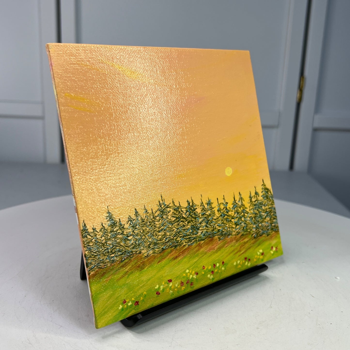 A Day Ends 6" x 6" Acrylic Painting Forest Sunset Landscape Original Wall Art
