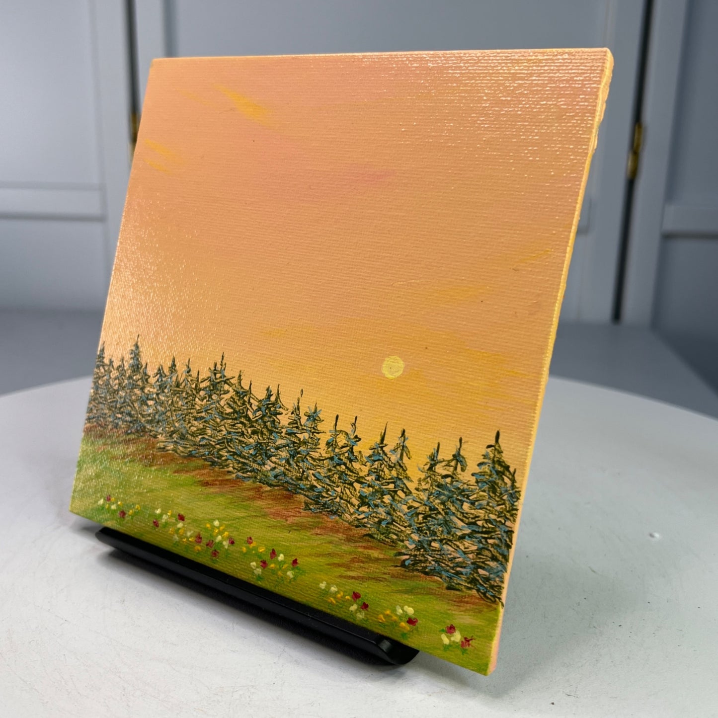 A Day Ends 6" x 6" Acrylic Painting Forest Sunset Landscape Original Wall Art