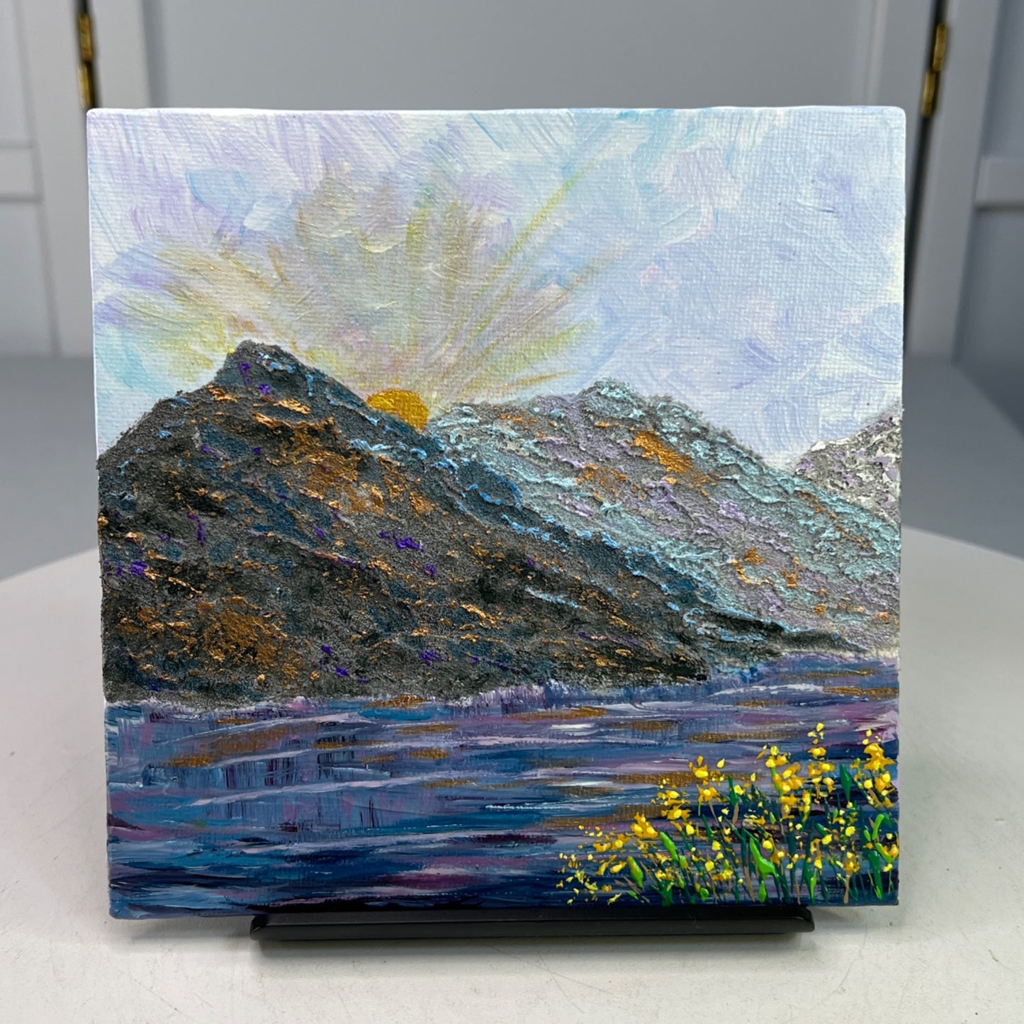 Mountain Majesty 6" X 6" Acrylic Painting With Sunrise Lake & Wildflowers