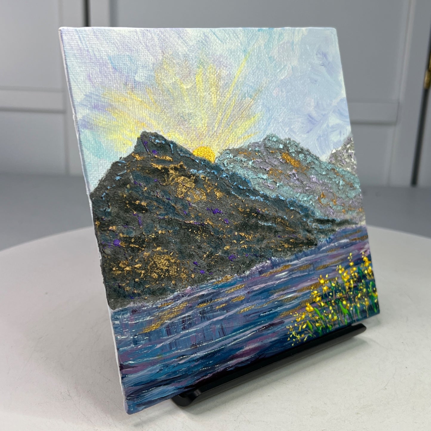 Mountain Majesty 6" X 6" Acrylic Painting With Sunrise Lake & Wildflowers