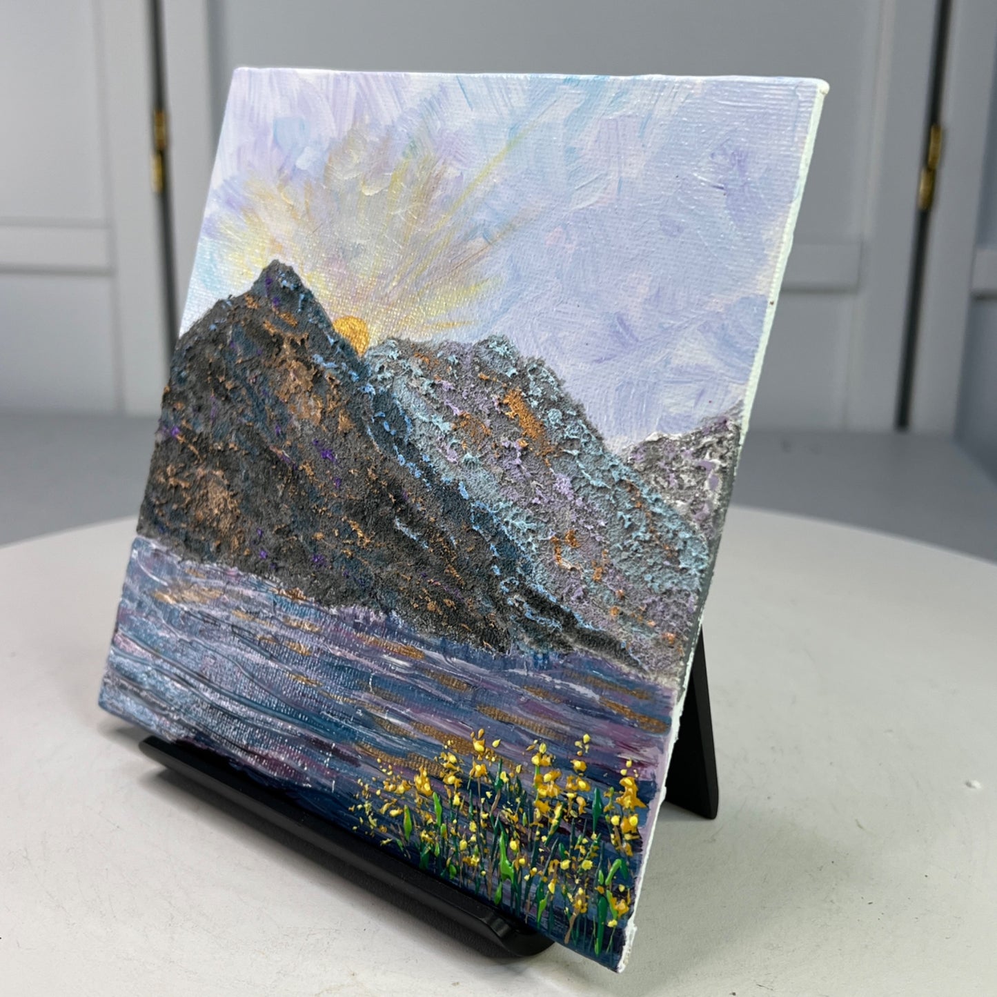 Mountain Majesty 6" X 6" Acrylic Painting With Sunrise Lake & Wildflowers