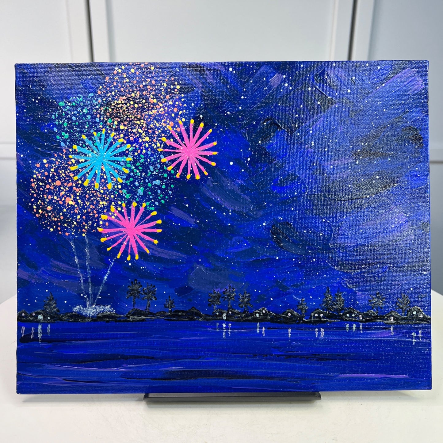 Celebrate 4 Fireworks Scene Acrylic Painting 8" X 10" Original Wall Art Unframed
