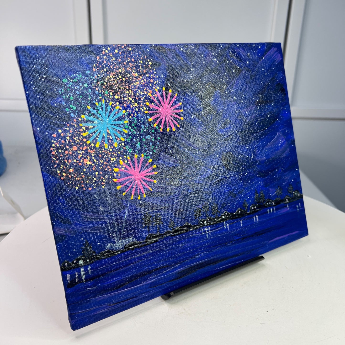 Celebrate 4 Fireworks Scene Acrylic Painting 8" X 10" Original Wall Art Unframed