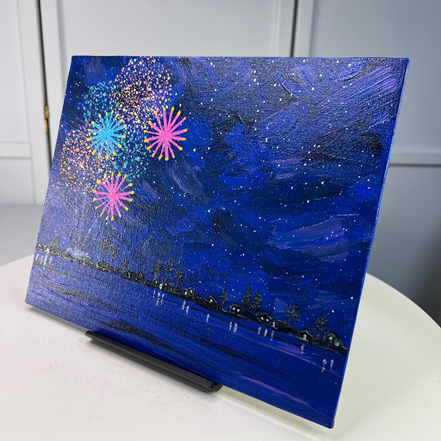Celebrate 4 Fireworks Scene Acrylic Painting 8" X 10" Original Wall Art Unframed