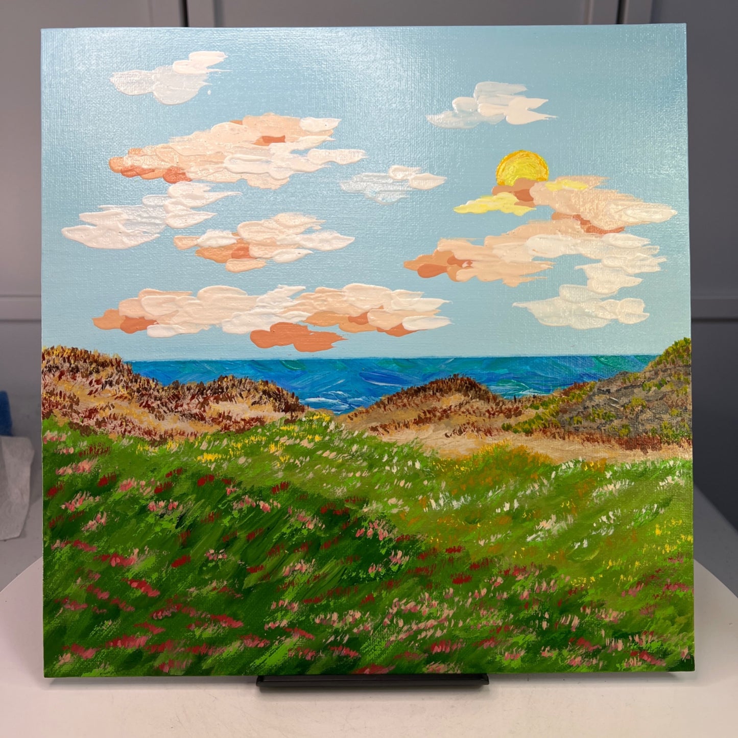 Sunset By The Seaside Acrylic Painting 12"x12" Tropical Landscape Wall Art