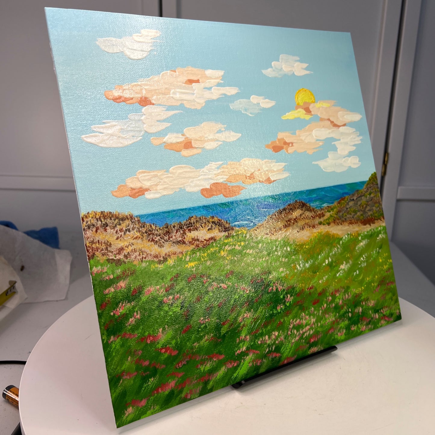 Sunset By The Seaside Acrylic Painting 12"x12" Tropical Landscape Wall Art