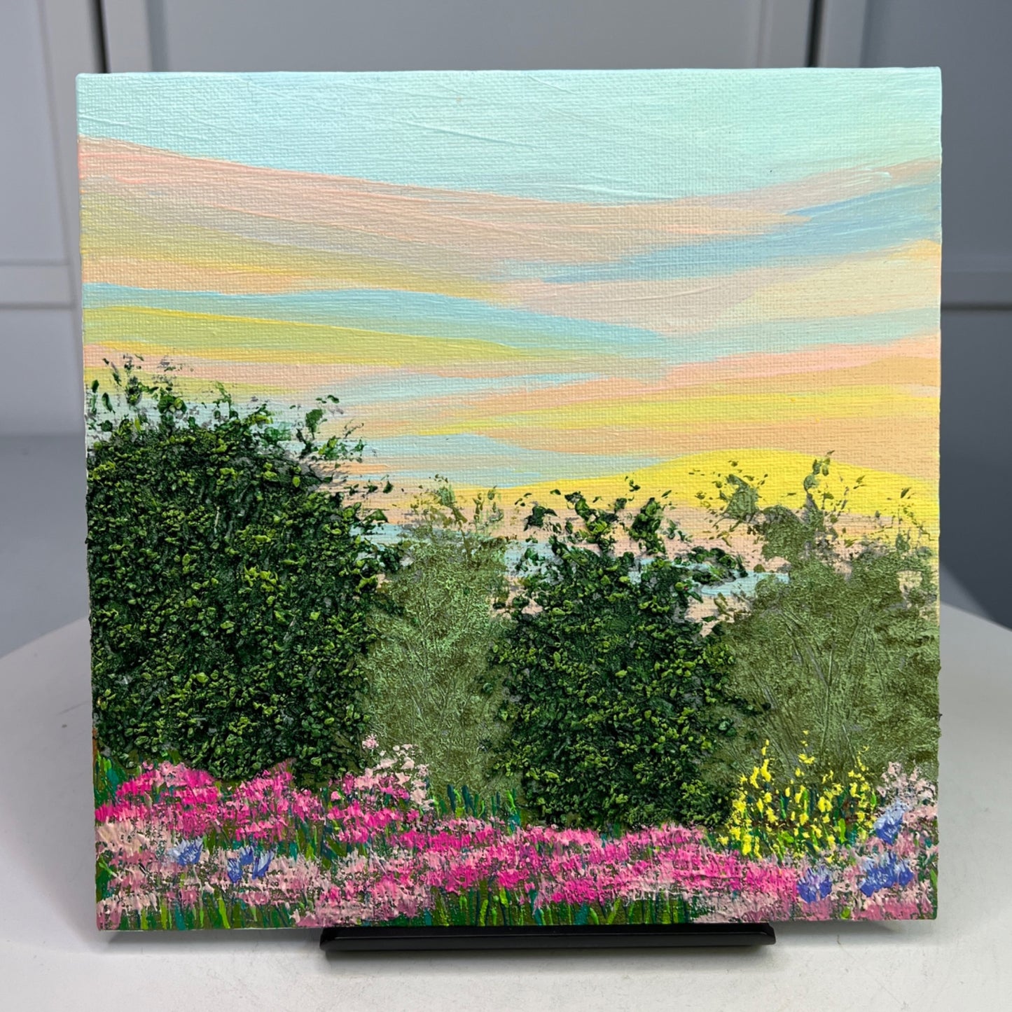 Morning Meadow Acrylic Painting Sunrise Landscape 8"x8" Original Signed Artwork