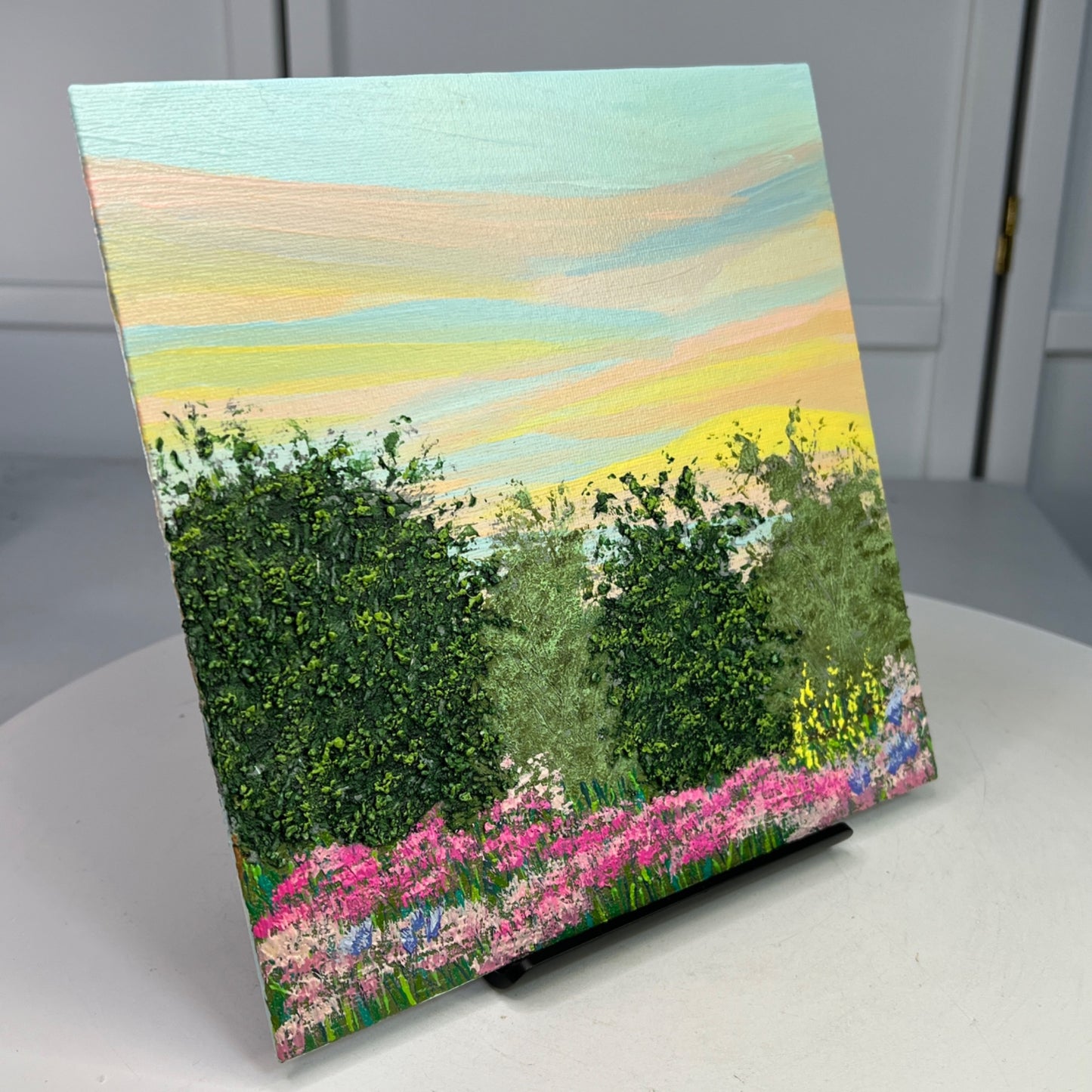 Morning Meadow Acrylic Painting Sunrise Landscape 8"x8" Original Signed Artwork