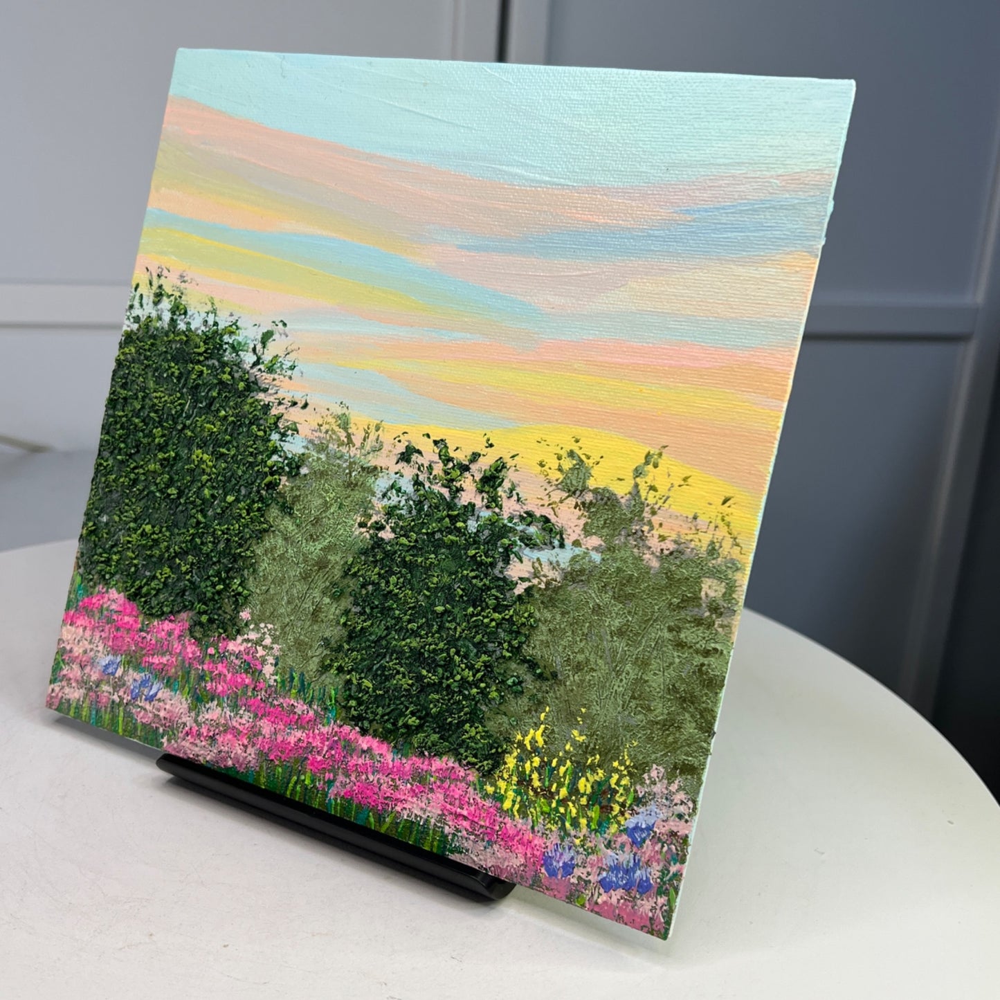 Morning Meadow Acrylic Painting Sunrise Landscape 8"x8" Original Signed Artwork