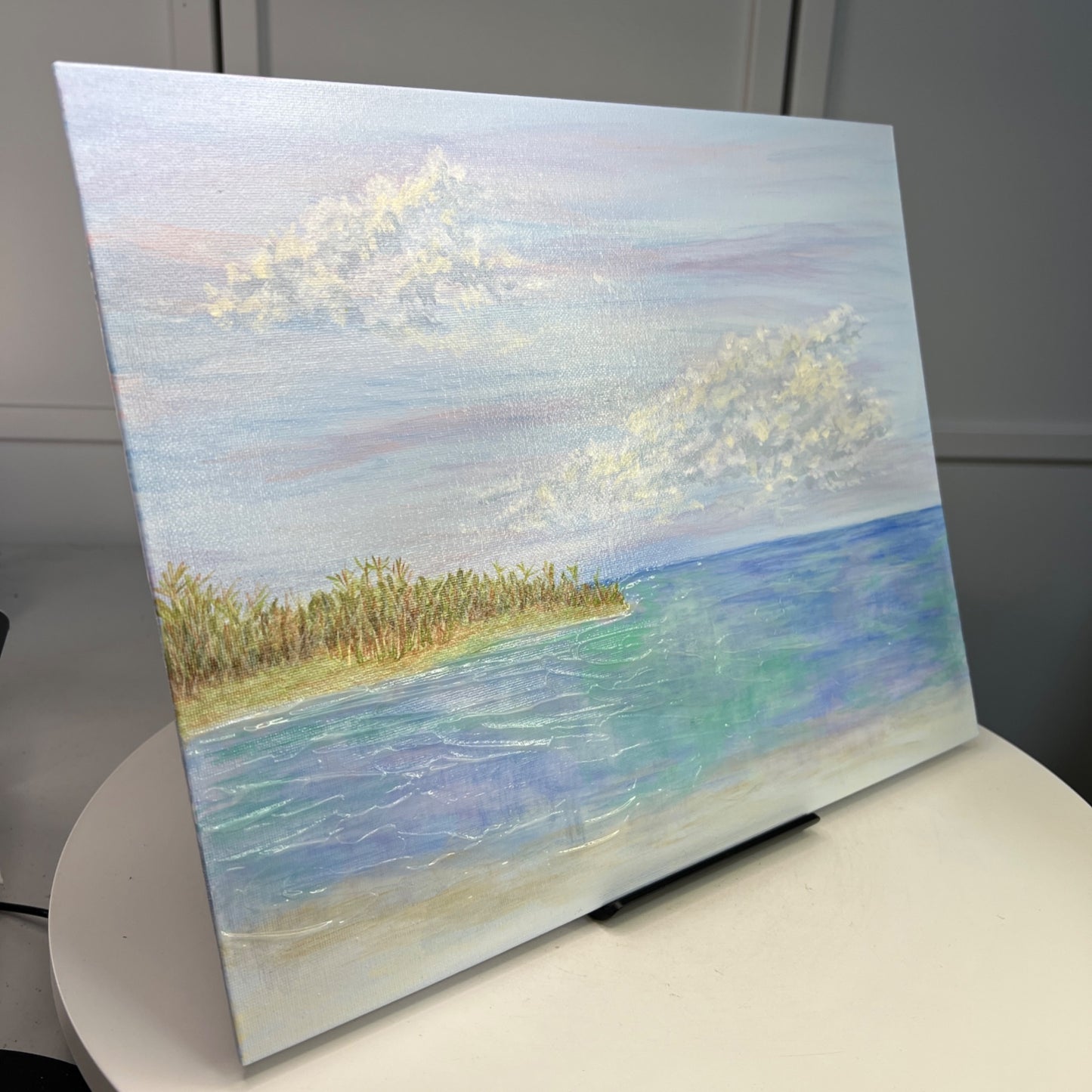 Ocean Seascape Painting "Toes In The Sand" Acrylic Mixed Media On Canvas 14"x11"