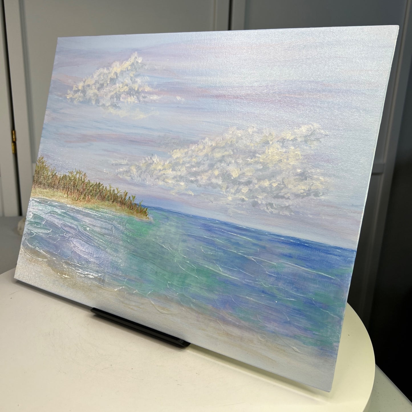 Ocean Seascape Painting "Toes In The Sand" Acrylic Mixed Media On Canvas 14"x11"