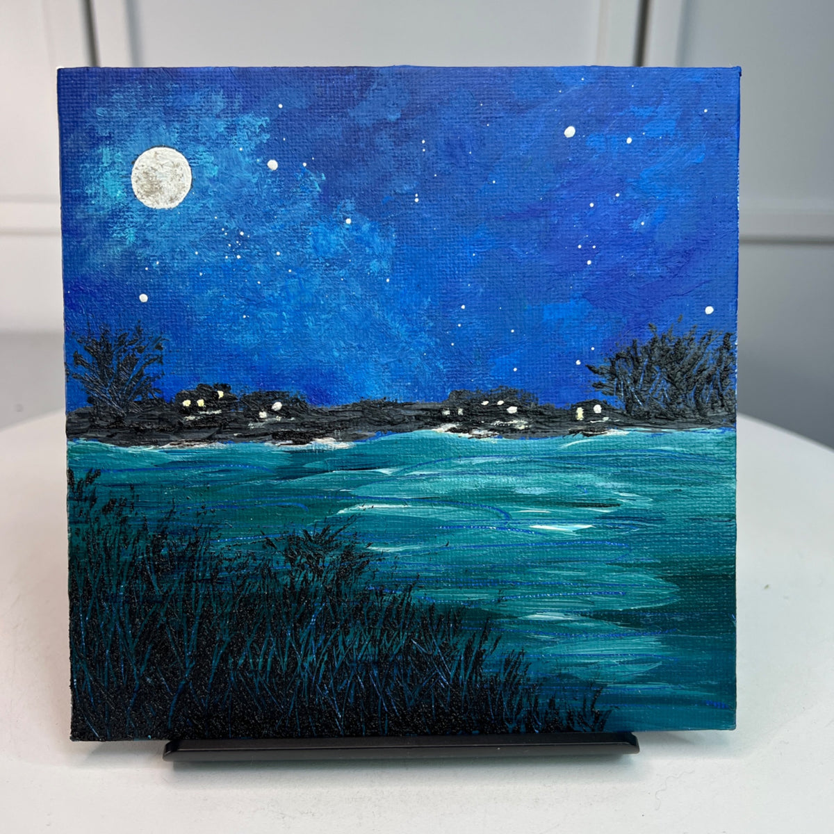 Super Moon 6" X 6" Acrylic Painting Signed Full Moon & Night Sky Art Unframed