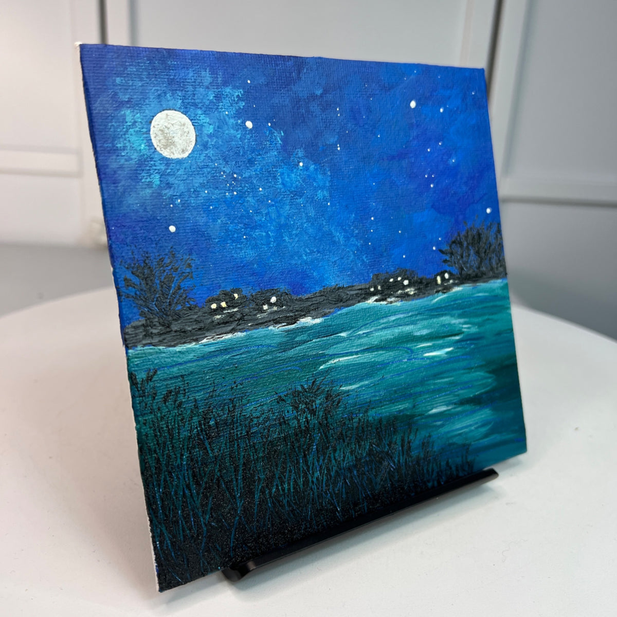 Super Moon 6" X 6" Acrylic Painting Signed Full Moon & Night Sky Art Unframed