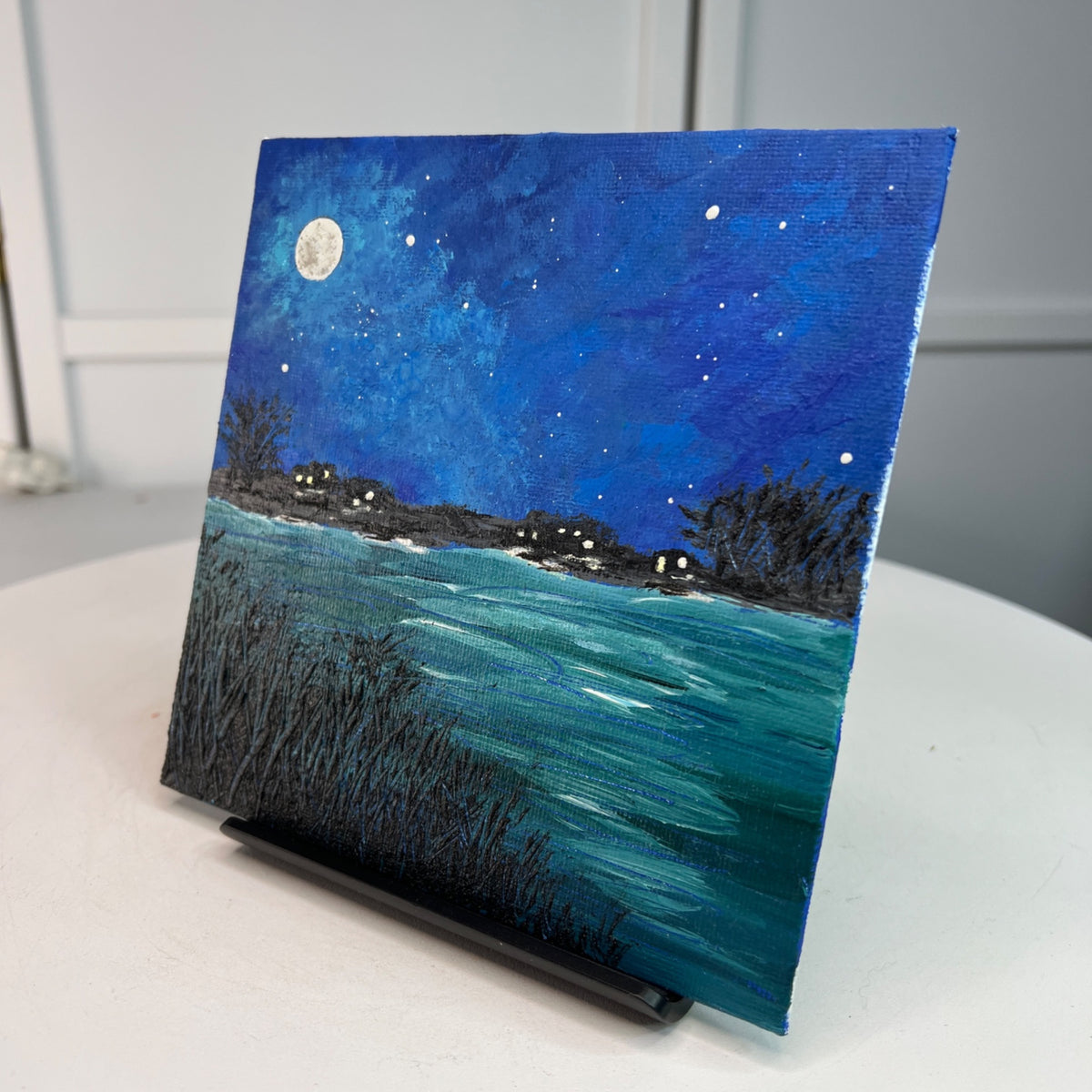 Super Moon 6" X 6" Acrylic Painting Signed Full Moon & Night Sky Art Unframed