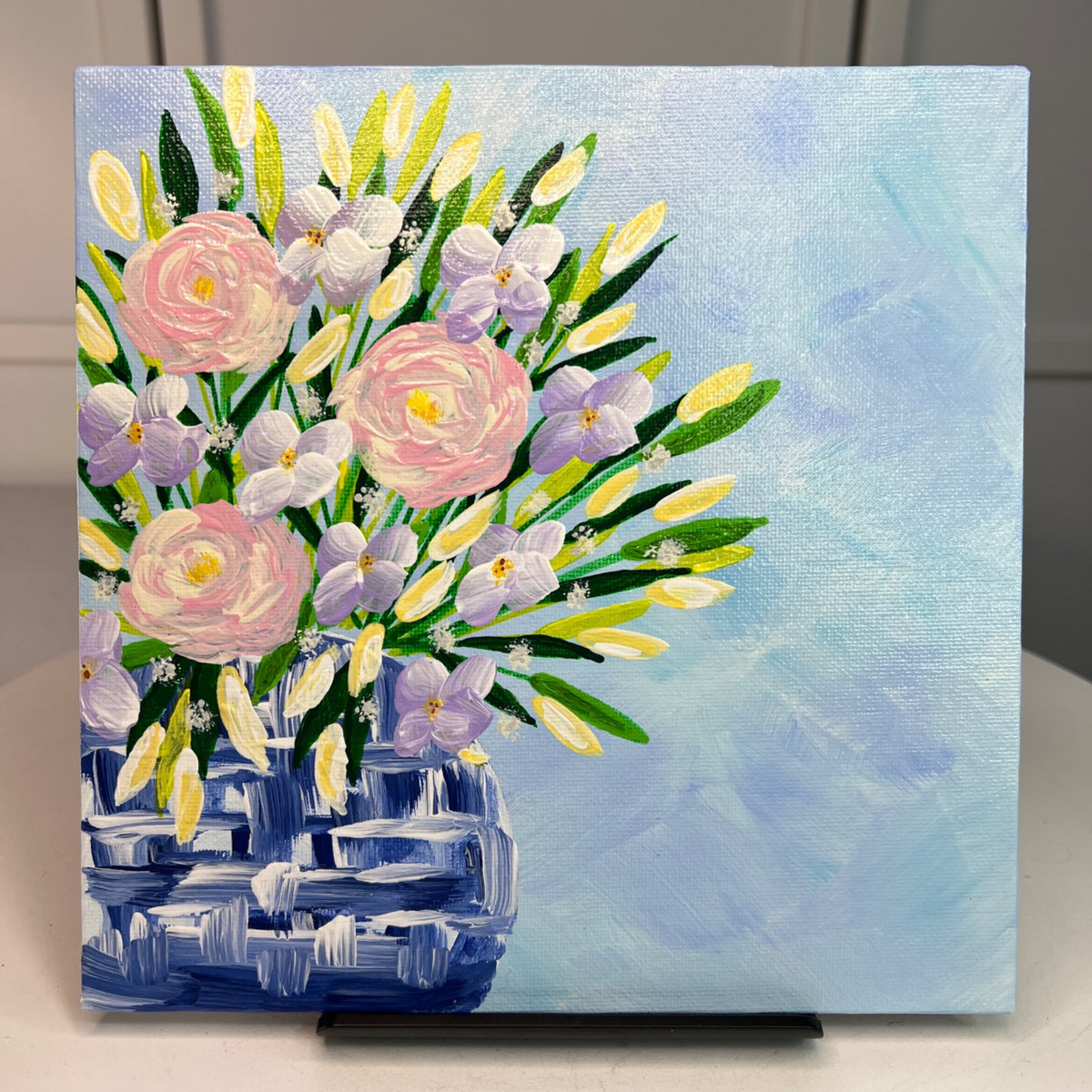 Bouquet In Blue & White Vase Acrylic Painting Floral Wall Art 8"x8" Unframed