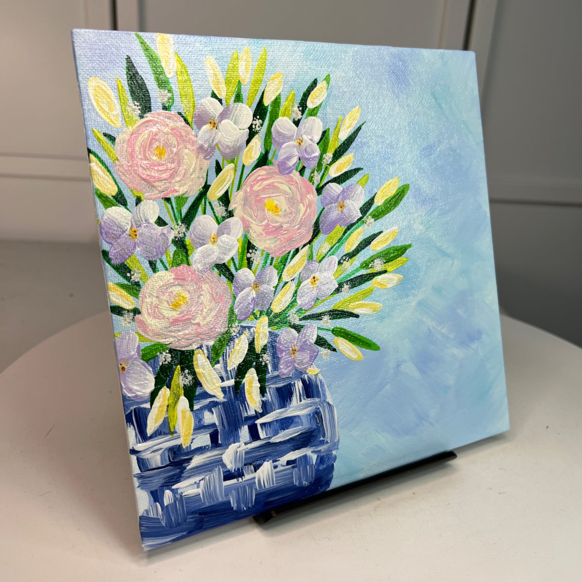 Bouquet In Blue & White Vase Acrylic Painting Floral Wall Art 8"x8" Unframed