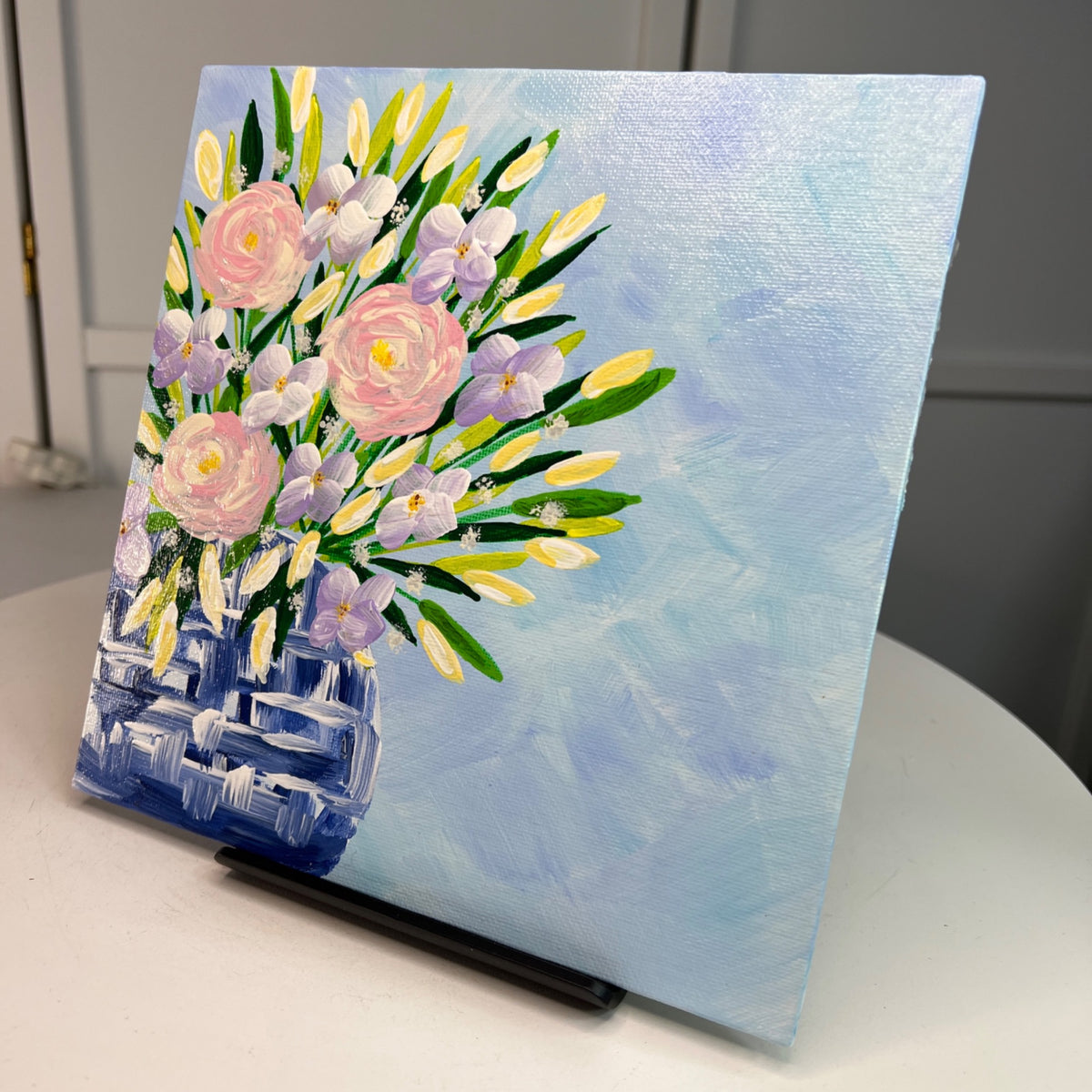 Bouquet In Blue & White Vase Acrylic Painting Floral Wall Art 8"x8" Unframed
