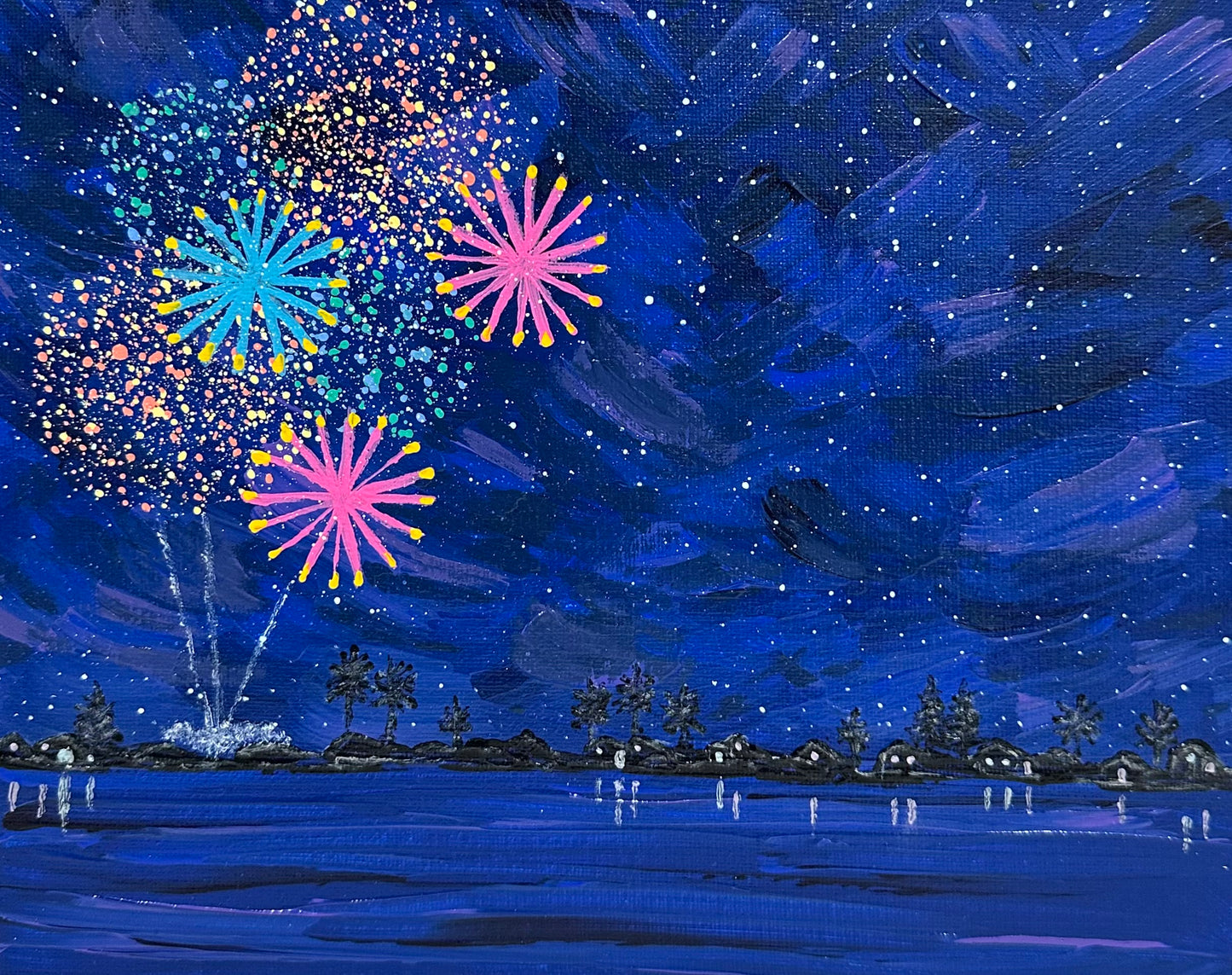 Celebrate 4 Fireworks Scene Acrylic Painting 8" X 10" Original Wall Art Unframed