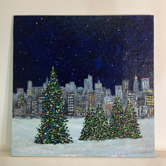 Christmas in the City - Unique Holiday Theme Original Acrylic Painting - Size 8" x 8"