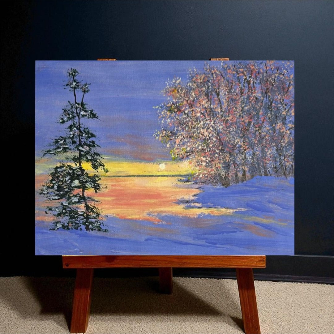 Twilight In Winter Acrylic Painting On Canvas 6" x 8" Original Unframed Art