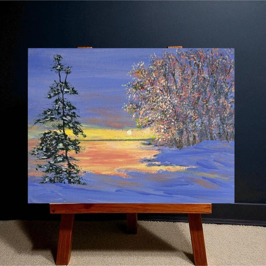 Twilight In Winter Acrylic Painting On Canvas 6" x 8" Original Unframed Art