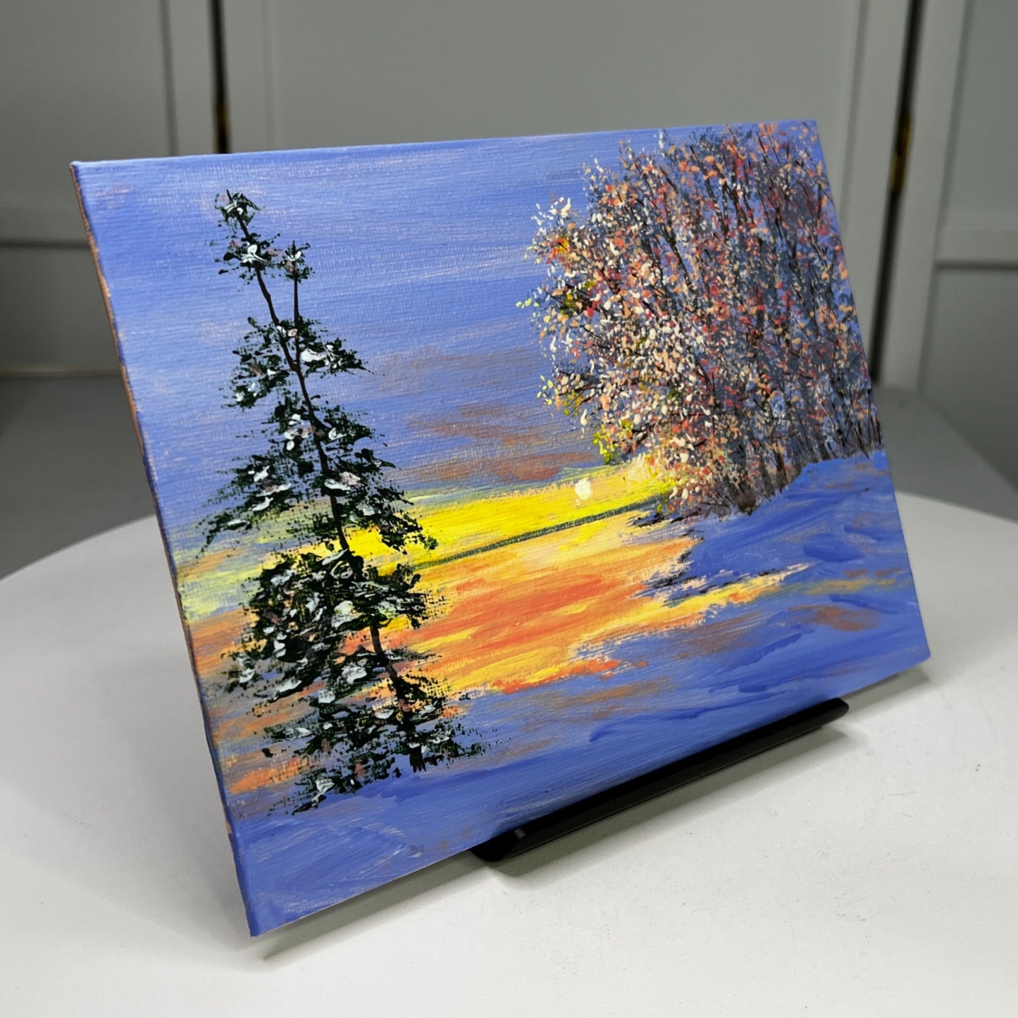 Twilight In Winter Acrylic Painting On Canvas 6" x 8" Original Unframed Art