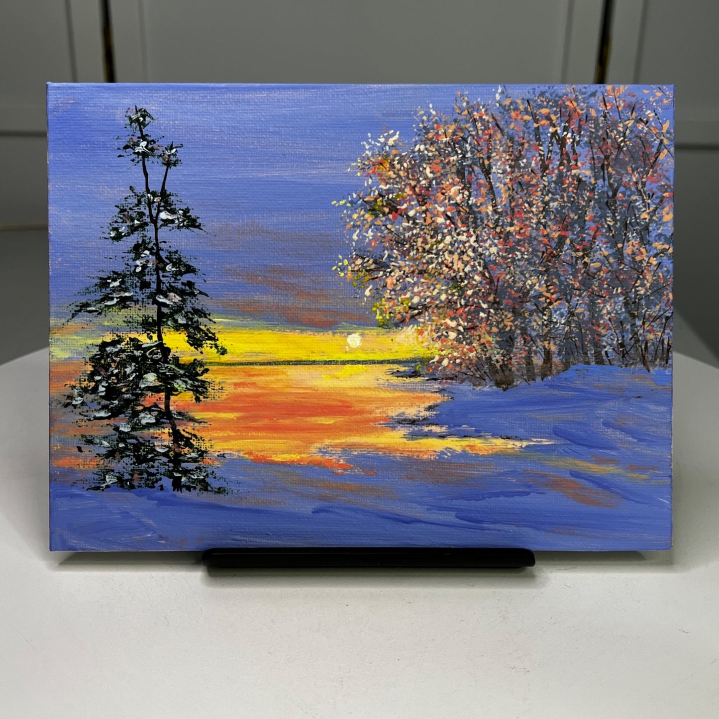Twilight In Winter Acrylic Painting On Canvas 6" x 8" Original Unframed Art